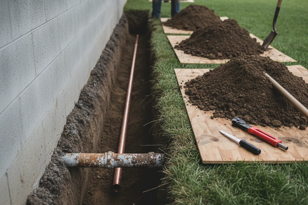 Excavated water line trench during Water Softener Installation in Fayetteville
